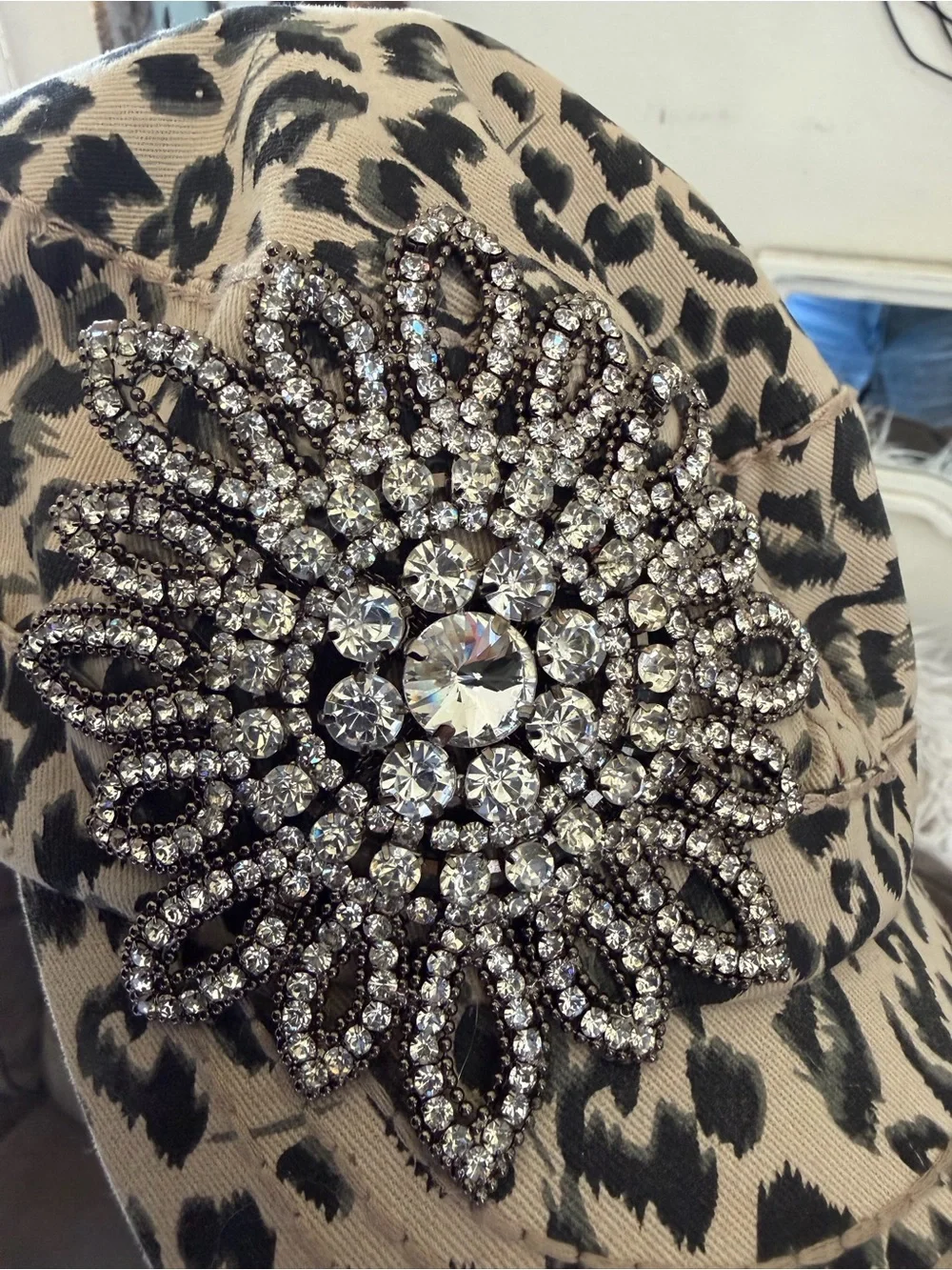 Bling bling  Beige and Black Leopard Cadet Hat with Rhinestone Brooch